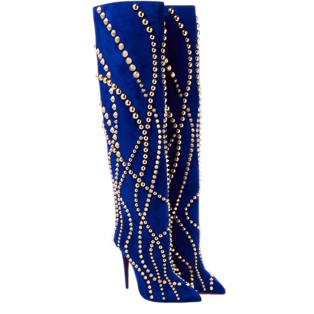 Christian Louboutin Astrilarge Studded Royal Blue Knee-High Stiletto Boots